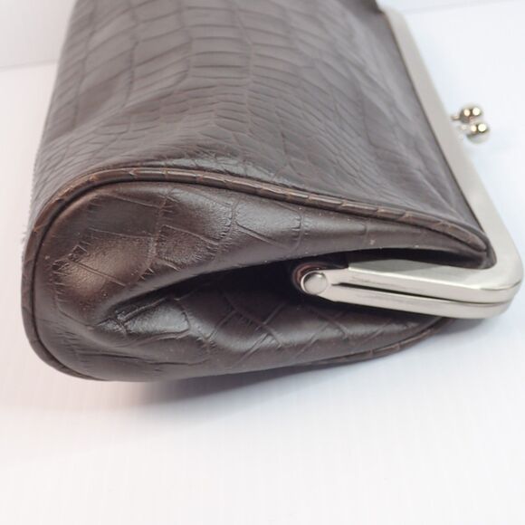 ANN TAYLOR LOFT Croc Embossed Dark Brown Leather Kiss-Lock Purse Bag Clutch - Picture 5 of 15
